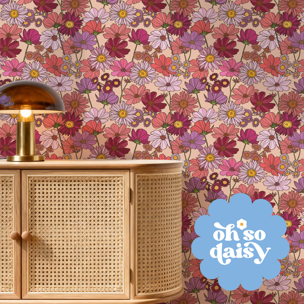 'Wildflower About You' pattern by Oh So Daisy in plum set on a wall with a retro interior setting. 